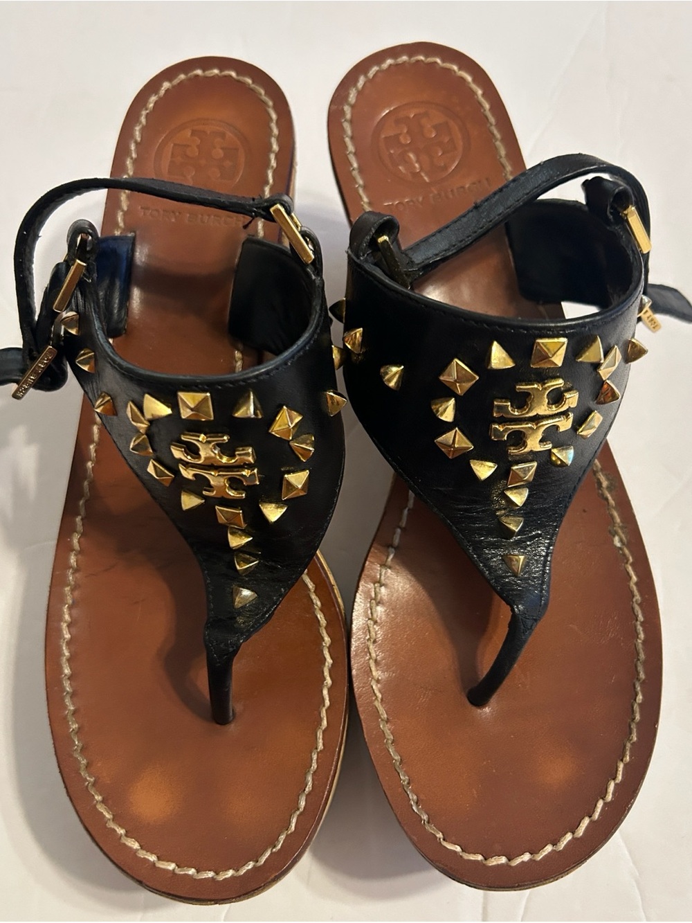 Tory Burch Black Leather Studded Thong Sandals with Gold Emblem
